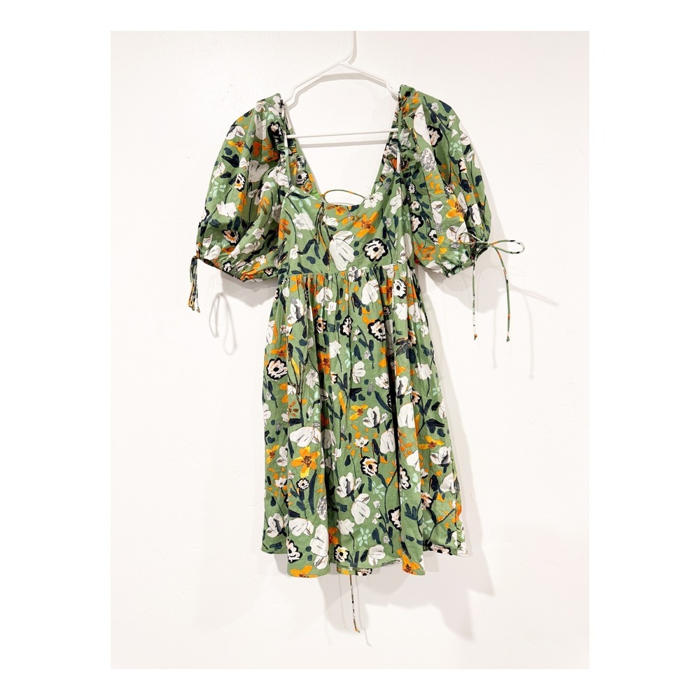 Anthropologie By Together Green Floral Puff Sleeve Lace Up Back Mini Dress